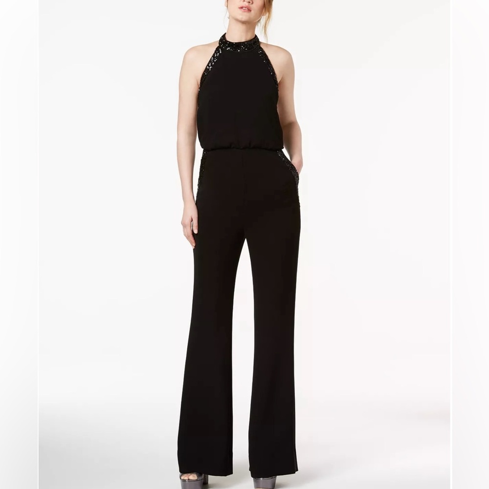 🆕#7-NWT Rachel Zoe Halterneck Black Jumpsuit w/ Black Sequin Embellishments S-4